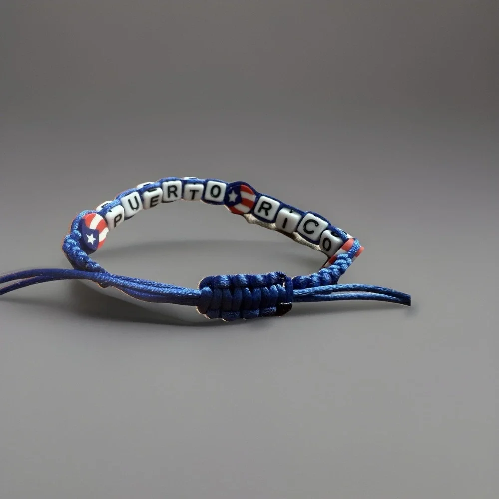 Puerto Rico Letters Unisex Macrame Bracelet Flag Beads Red Blue Black Adjustable